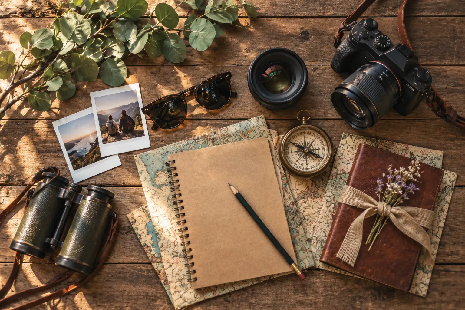 A camera, lens, binoculars and a compass laid out on a wooden table with notebooks and prints