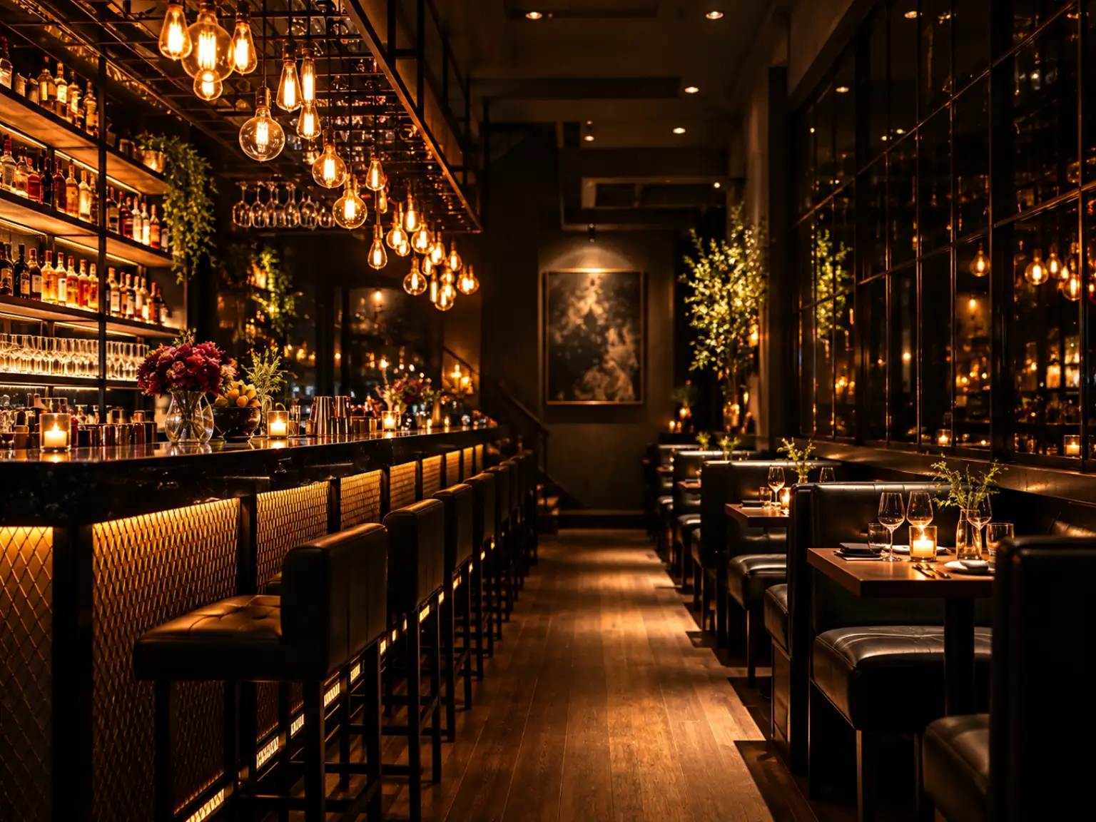 The low-lit interior of a bar in the evening