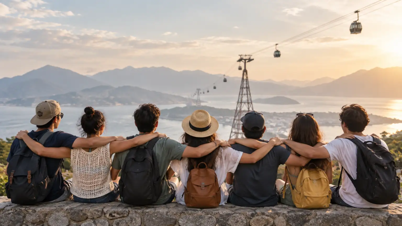 A row of friends with arms around each other, looking out over a bay