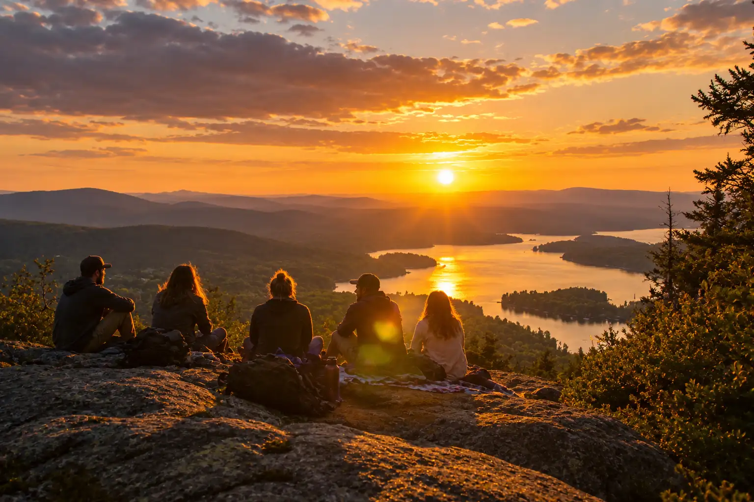 A group sitting together on a hilltop watching the sun go down over a lake